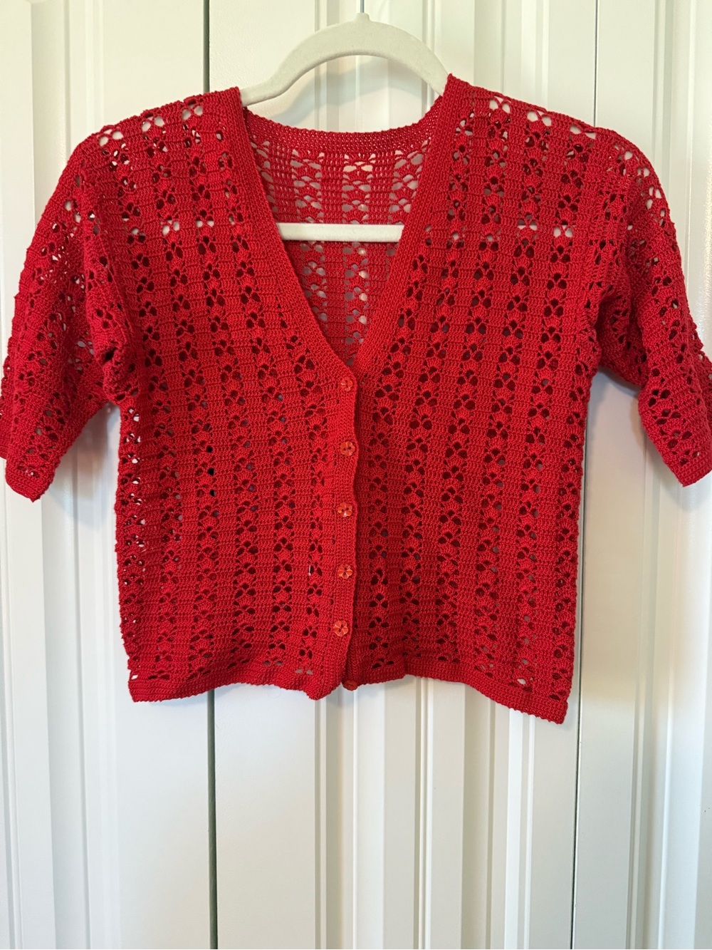 Handmade Red Crocheted Short Sleeve Cardigan - Picture 2 of 7